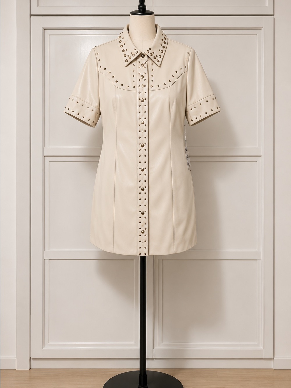 Avec Les Filles Faux Leather Cream Stud-Accent Dress Tags